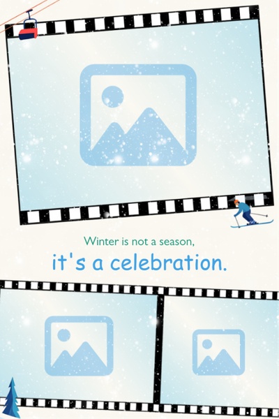 Card template of film frame with three customed pictures, snow background, and ski features.