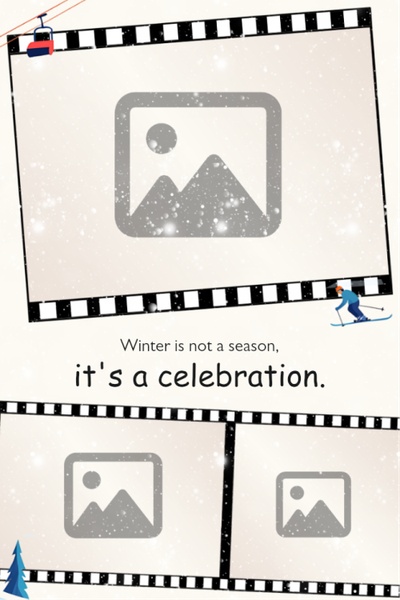 Card template of film frame with three customed pictures, snow background, and ski features.